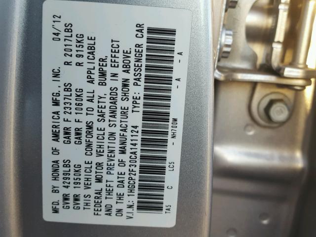 1HGCP2F30CA141124 - 2012 HONDA ACCORD LX GRAY photo 10