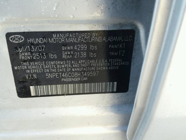 5NPET46C08H349597 - 2008 HYUNDAI SONATA GLS SILVER photo 10