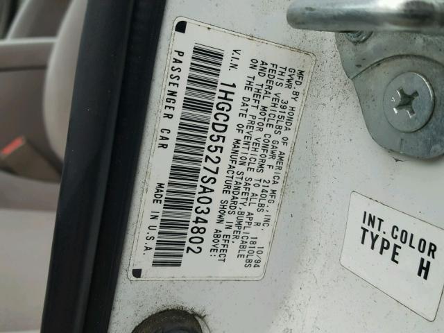 1HGCD5527SA034802 - 1995 HONDA ACCORD DX WHITE photo 10