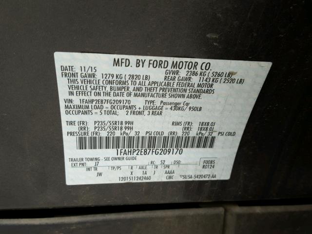 1FAHP2E87FG209170 - 2015 FORD TAURUS SEL GRAY photo 10