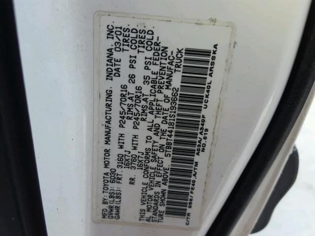 5TBBT44181S193662 - 2001 TOYOTA TUNDRA ACC WHITE photo 10