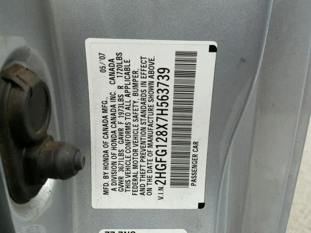2HGFG128X7H563739 - 2007 HONDA CIVIC EX ვერცხლისფერი ფოტო 10