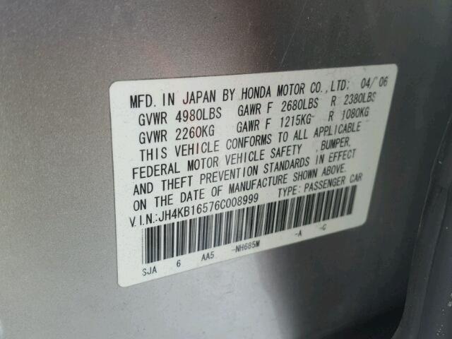 JH4KB16576C008999 - 2006 ACURA RL SILVER photo 10