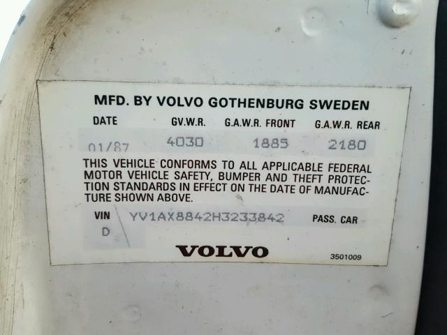 YV1AX8842H3233842 - 1987 VOLVO 244 DL WHITE photo 10