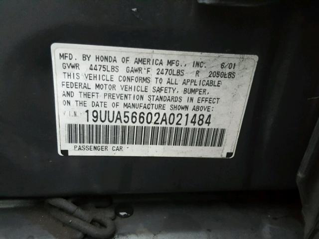 19UUA56602A021484 - 2002 ACURA 3.2TL CHARCOAL photo 10