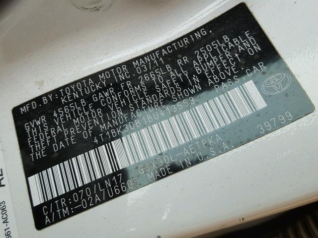 4T1BK3DB1BU413553 - 2011 TOYOTA AVALON BAS WHITE photo 10