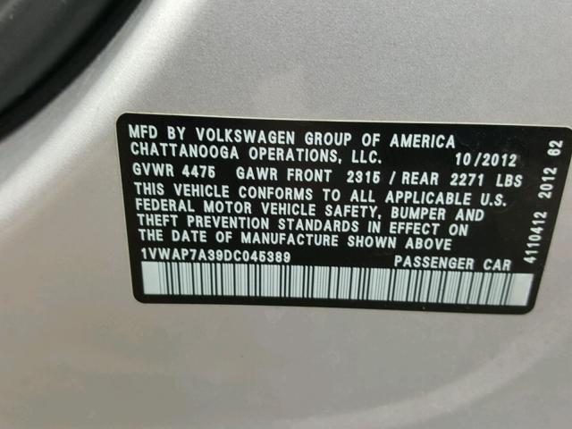 1VWAP7A39DC045389 - 2013 VOLKSWAGEN PASSAT S SILVER photo 10