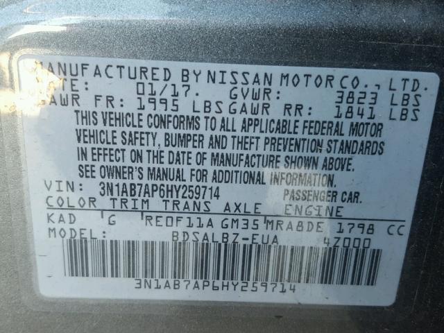 3N1AB7AP6HY259714 - 2017 NISSAN SENTRA S CHARCOAL photo 10