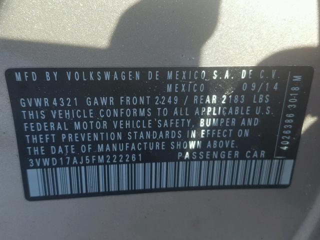 3VWD17AJ5FM222261 - 2015 VOLKSWAGEN JETTA SE SILVER photo 10