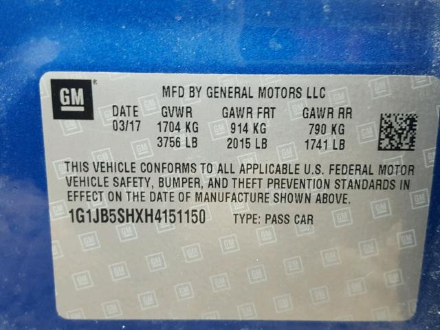 1G1JB5SHXH4151150 - 2017 CHEVROLET SONIC LS BLUE photo 10