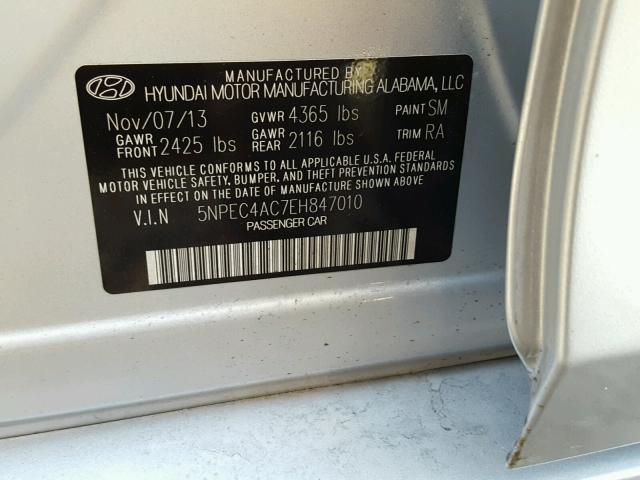 5NPEC4AC7EH847010 - 2014 HYUNDAI SONATA SE SILVER photo 10