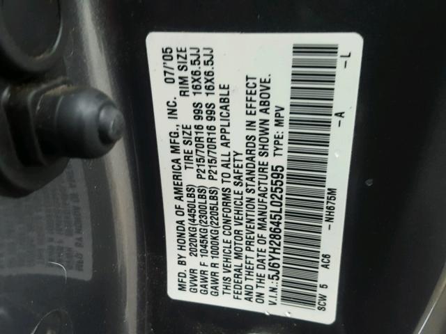 5J6YH28645L025595 - 2005 HONDA ELEMENT EX GRAY photo 10