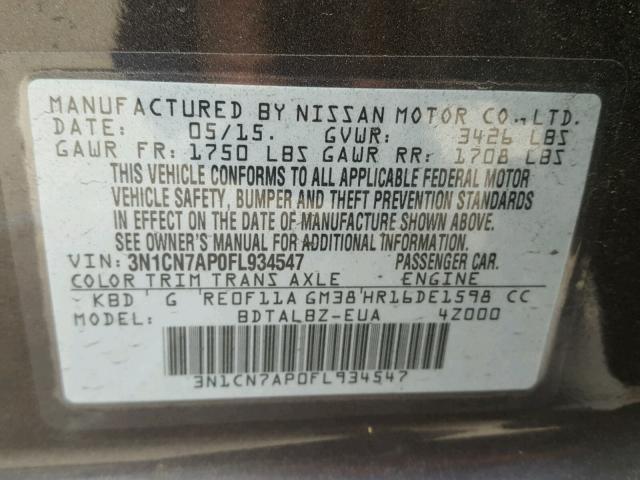 3N1CN7AP0FL934547 - 2015 NISSAN VERSA S GRAY photo 10