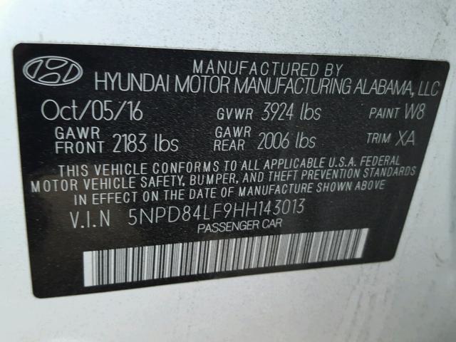 5NPD84LF9HH143013 - 2017 HYUNDAI ELANTRA SE WHITE photo 10