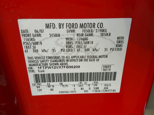 1FTPW12VX7FB56209 - 2007 FORD F150 SUPER RED photo 10