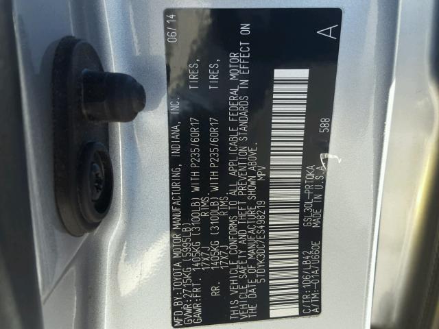 5TDYK3DC7ES498219 - 2014 TOYOTA SIENNA XLE SILVER photo 10