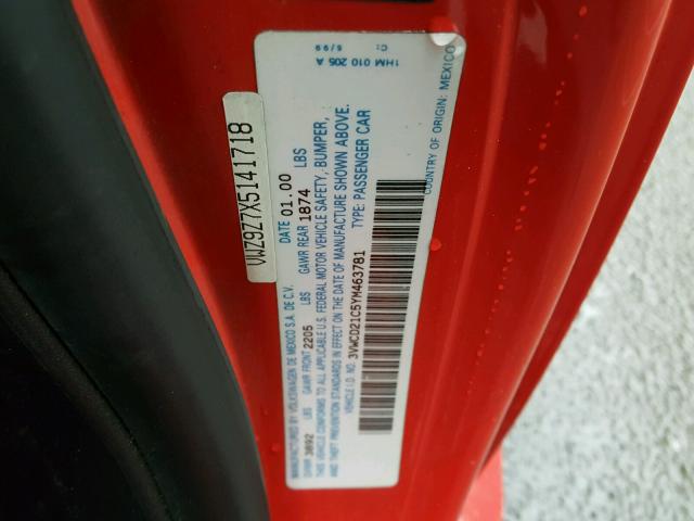 3VWCD21C5YM463781 - 2000 VOLKSWAGEN NEW BEETLE 红色 照片 10