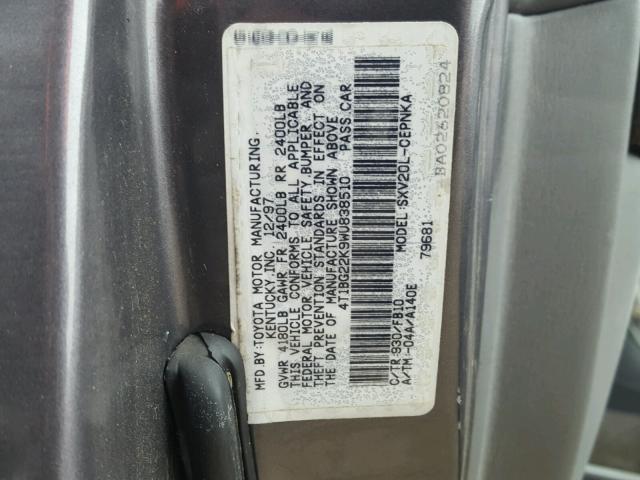 4T1BG22K9WU838510 - 1998 TOYOTA CAMRY CE GRAY photo 10