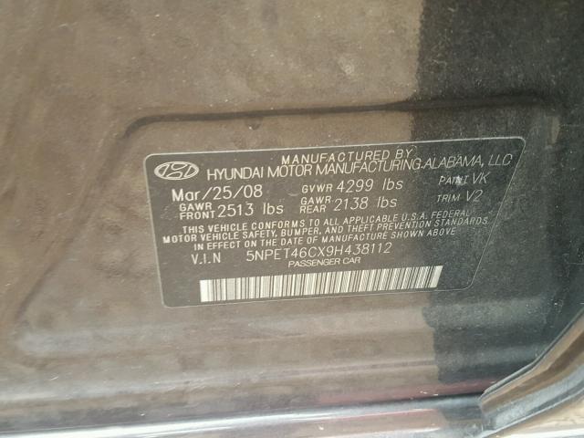 5NPET46CX9H438112 - 2009 HYUNDAI SONATA GLS CHARCOAL photo 10