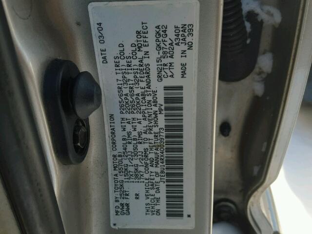 JTEBU14RX40039773 - 2004 TOYOTA 4RUNNER SR GOLD photo 10