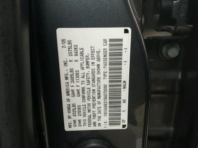 19UUA66215A072080 - 2005 ACURA TL GRAY photo 10