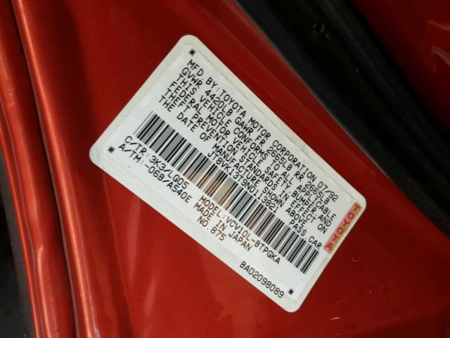 JT8VK13T9N0113821 - 1992 LEXUS ES 300 RED photo 10