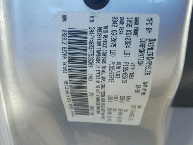 3A4FY48B37T536304 - 2007 CHRYSLER PT CRUISER SILVER photo 10