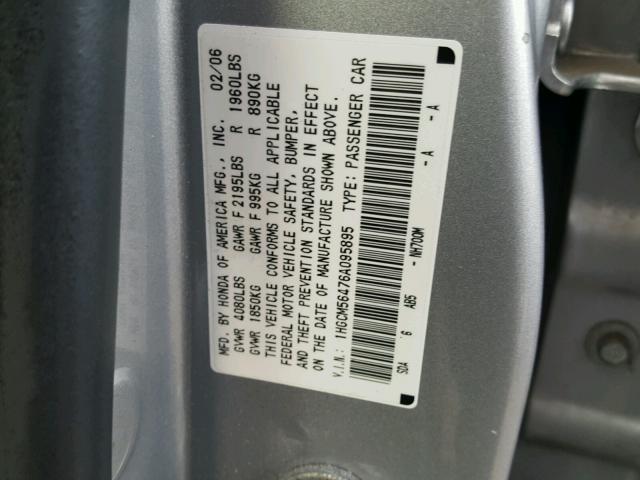 1HGCM56476A095895 - 2006 HONDA ACCORD LX SILVER photo 10