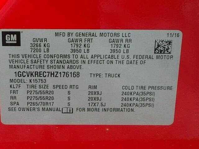 1GCVKREC7HZ176168 - 2017 CHEVROLET SILVERADO RED photo 10