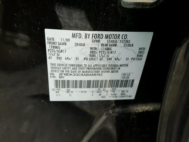 2FMDK3GC5ABA69193 - 2010 FORD EDGE SE BLACK photo 10