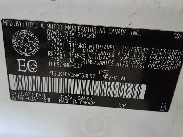 2T3DK4DV0BW058097 - 2011 TOYOTA RAV4 LIMIT WHITE photo 10