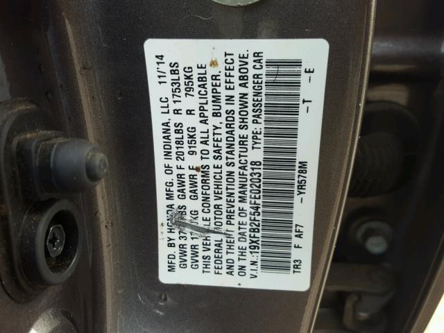 19XFB2F54FE020318 - 2015 HONDA CIVIC LX GRAY photo 10