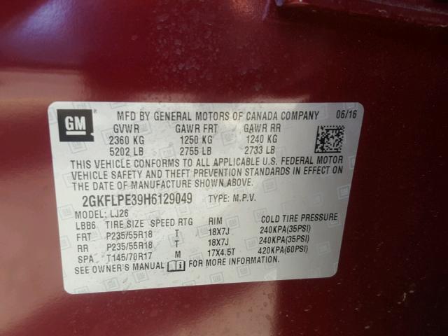 2GKFLPE39H6129049 - 2017 GMC TERRAIN SL RED photo 10