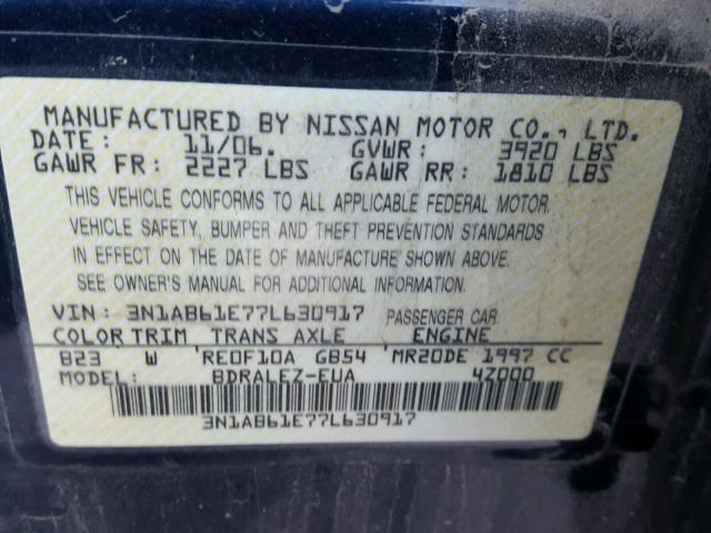 3N1AB61E77L630917 - 2007 NISSAN SENTRA 2.0 BLACK photo 10