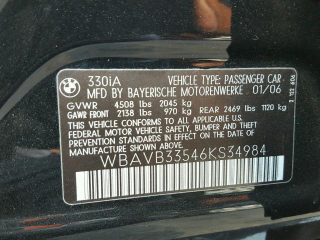 WBAVB33546KS34984 - 2006 BMW 330 I BLACK photo 10