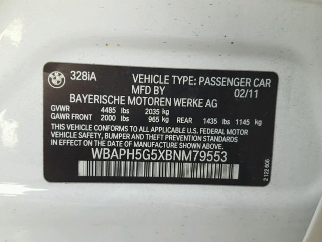 WBAPH5G5XBNM79553 - 2011 BMW 328 I SULE WHITE photo 10