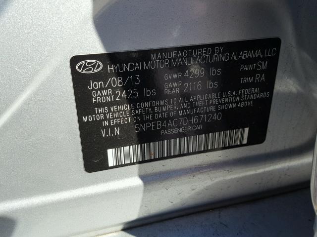 5NPEB4AC7DH671240 - 2013 HYUNDAI SONATA GLS SILVER photo 10