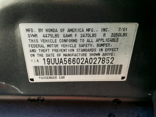 19UUA56602A027852 - 2002 ACURA 3.2TL GRAY photo 10