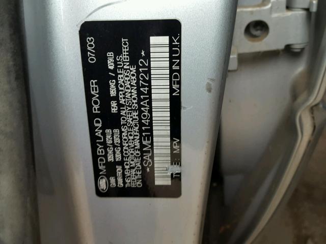 SALME11494A147212 - 2004 LAND ROVER RANGE ROVE SILVER photo 10