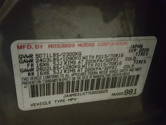 JA4MS31X77U003225 - 2007 MITSUBISHI OUTLANDER GRAY photo 10