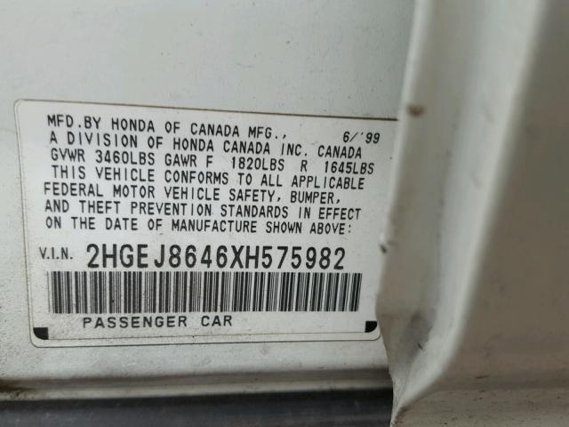 2HGEJ8646XH575982 - 1999 HONDA CIVIC EX 白色 照片 10