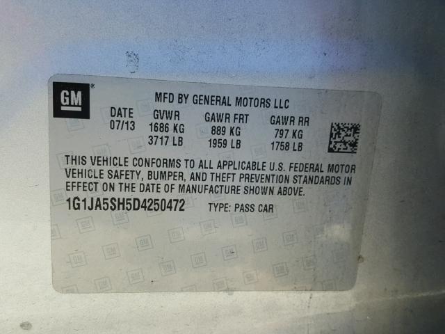 1G1JA5SH5D4250472 - 2013 CHEVROLET SONIC LS SILVER photo 10