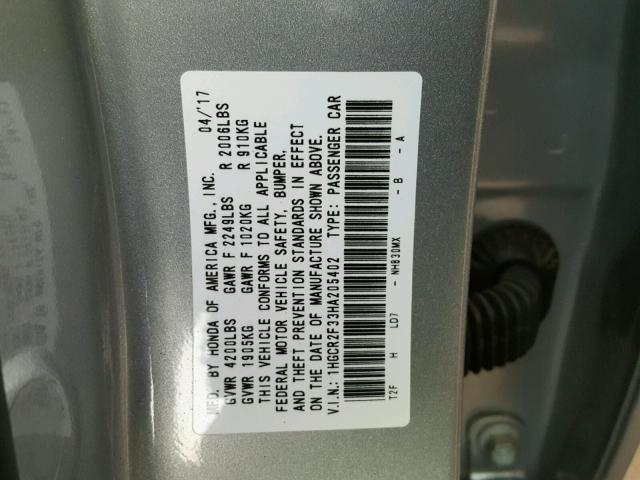 1HGCR2F33HA205402 - 2017 HONDA ACCORD LX SILVER photo 10