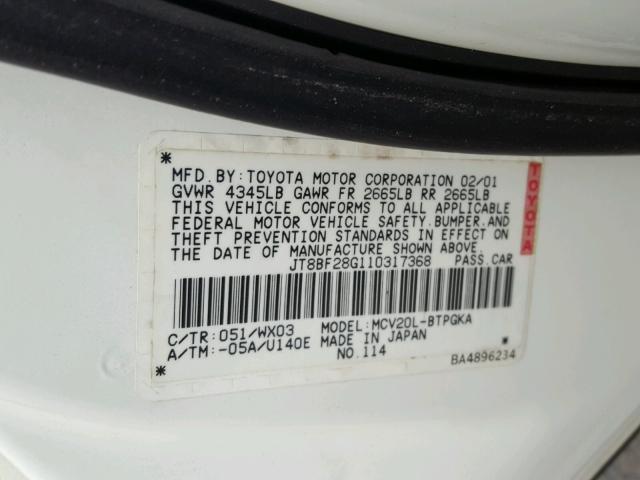 JT8BF28G110317368 - 2001 LEXUS ES 300 WHITE photo 10