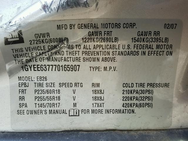 1GYEE637770165907 - 2007 CADILLAC SRX GRAY photo 10