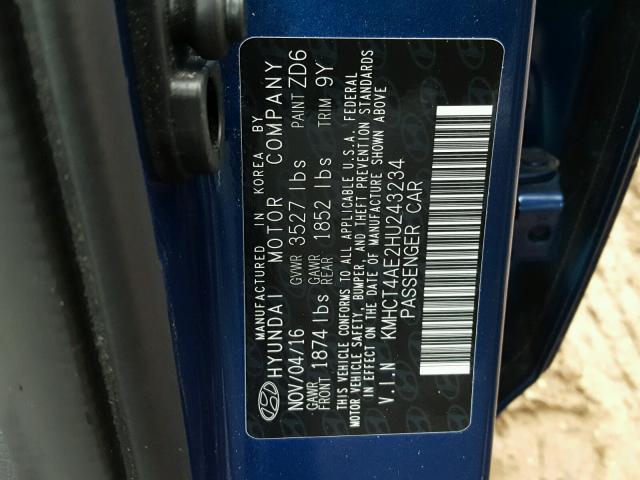 KMHCT4AE2HU243234 - 2017 HYUNDAI ACCENT SE BLUE photo 10