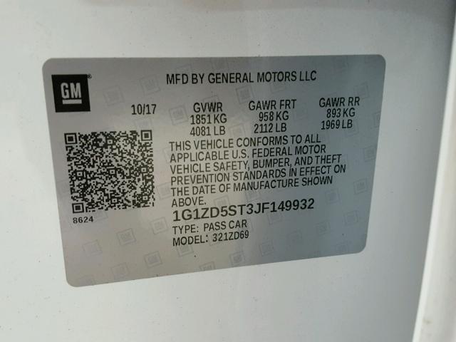 1G1ZD5ST3JF149932 - 2018 CHEVROLET MALIBU LT WHITE photo 10