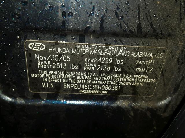 5NPEU46C36H080361 - 2006 HYUNDAI SONATA GLS BLUE photo 10