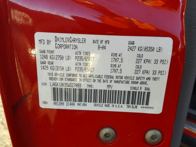 1J4GK58K95W527089 - 2005 JEEP LIBERTY LI RED photo 10