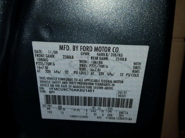 1FMCU9C70AKB21451 - 2010 FORD ESCAPE XLS BLUE photo 10